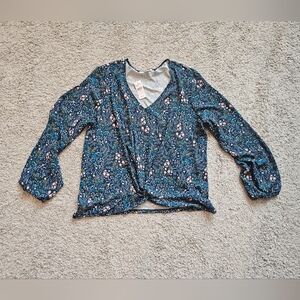 LOFT Floral  Long Sleeved Blouse with Twist Front Knot